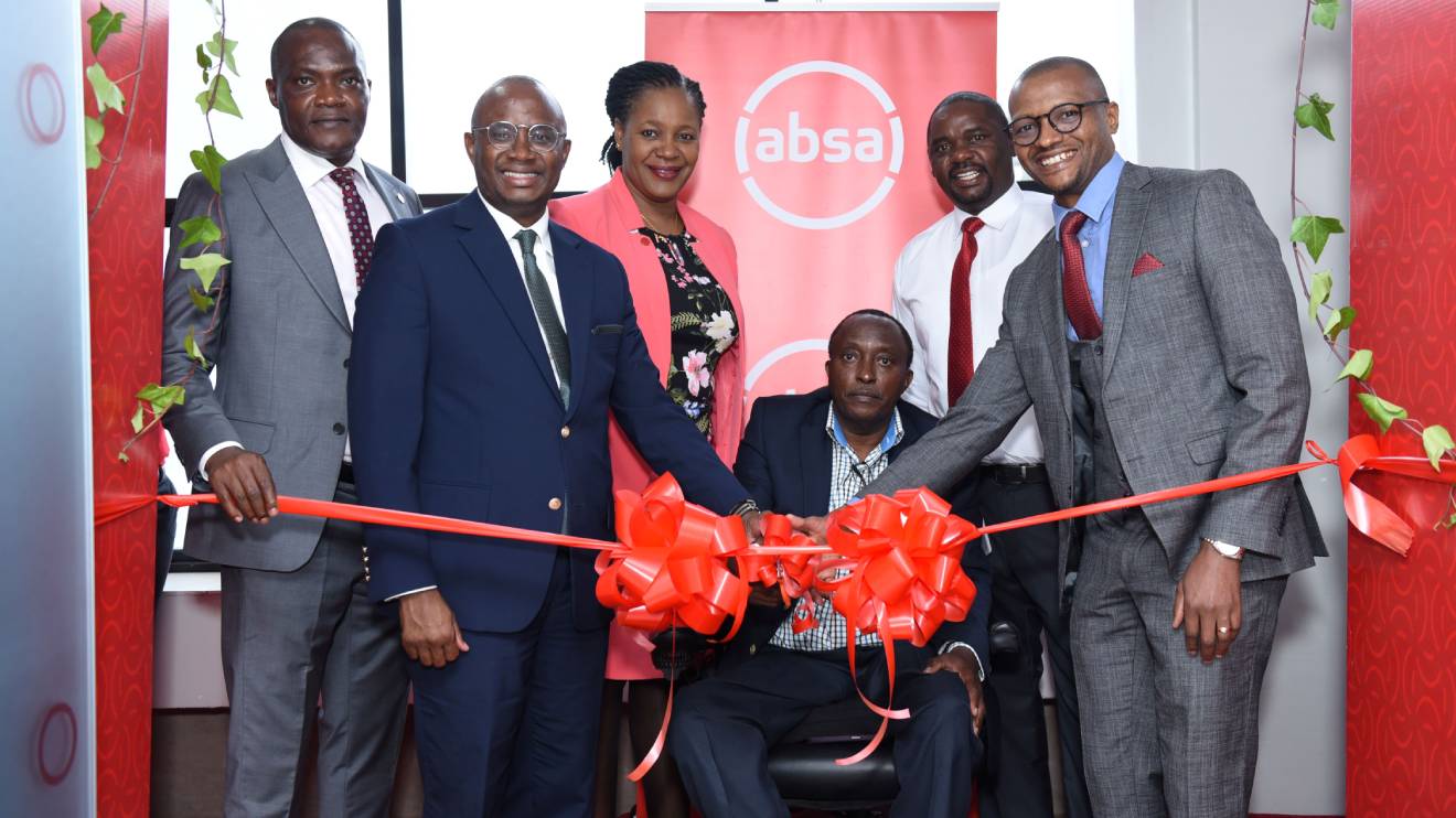 Peter Mutua, Moses Muthui, Elizabeth Wasunna, Kamakis Charles Kibaki, Dennis Kamau and Ken Kanyarati during the Kamakis Branch Opening. PHOTO/COURTESY